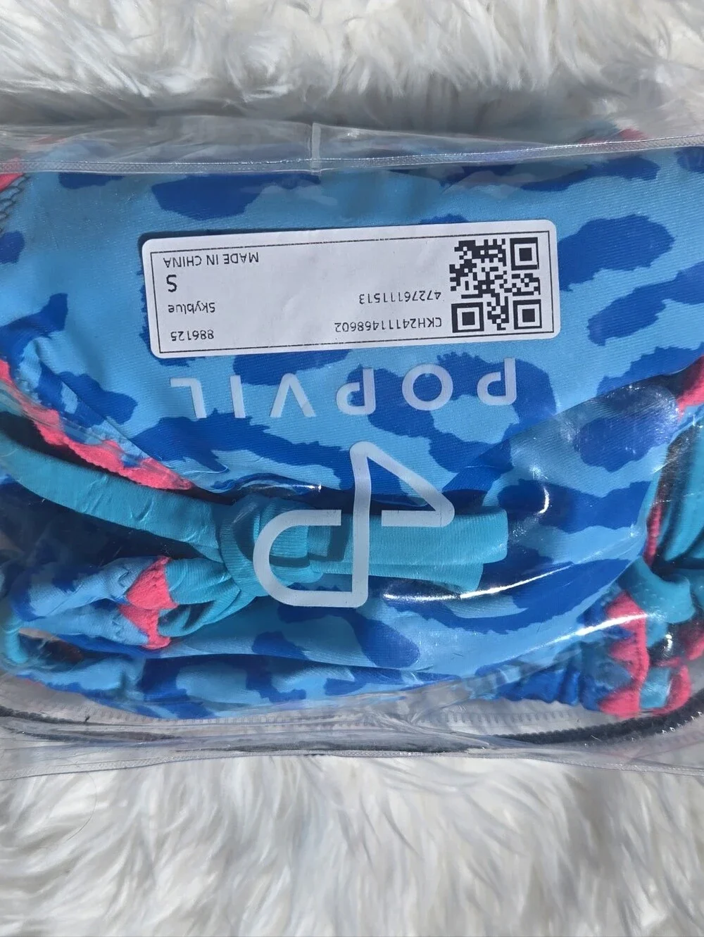 Blue Animal-Print Triangle Bikini Set with Red Trim